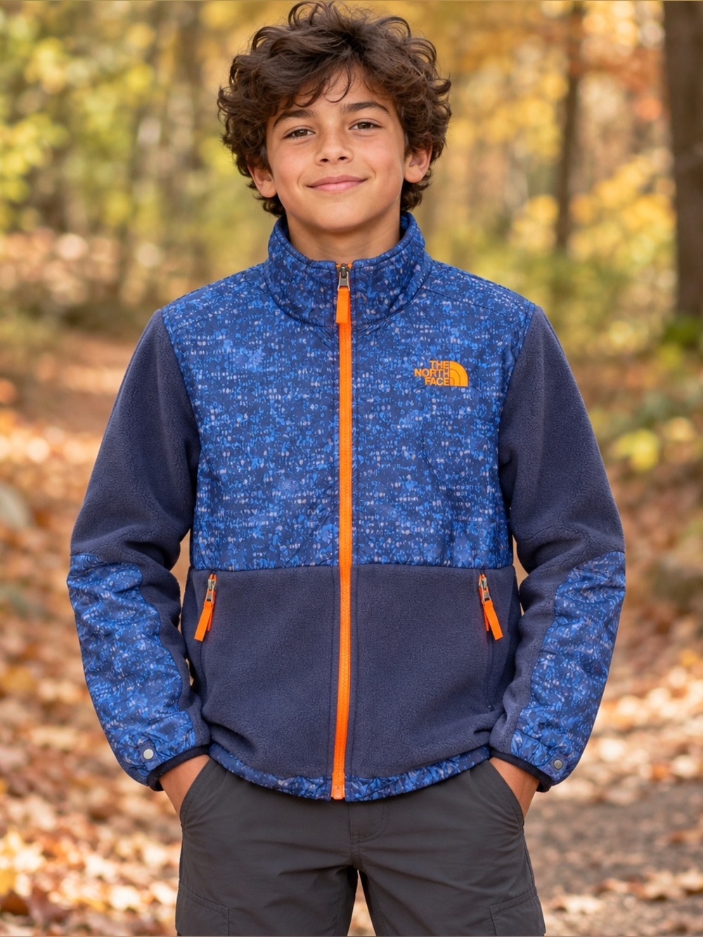 The North Face Boys Navy Blue Printed Fleece Full Zip Jacket Orange Trim Boys L